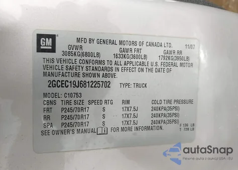 2008 Chevrolet Silverado 1500 Lt1 z USA, uszkodzony, nr VIN 2GCEC19J681225702